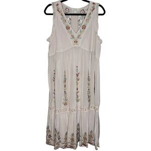Sundance Boho Maxi Dress Large Blush/Ivory Floral Embroidered Sleeveless EUC